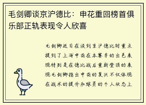 毛剑卿谈京沪德比:申花重回榜首俱乐部正轨表现令人欣喜 毛剑卿谈京沪德比:申花重回榜首俱乐部正轨表现令人欣喜