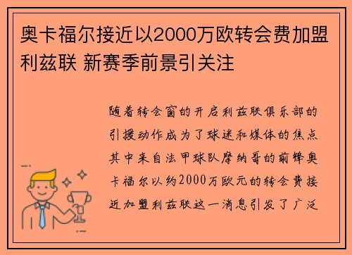 奥卡福尔接近以2000万欧转会费加盟利兹联 新赛季前景引关注